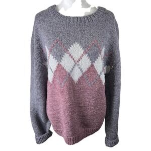 Handmade Argyle Chunky Knit Sweater Grey Pink Oversized Crewneck Pullover L/XL